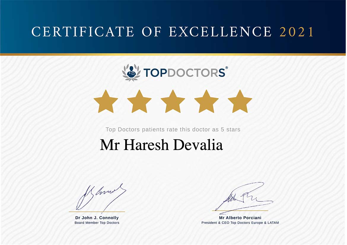 Haresh Devalia Top Doctors certificate